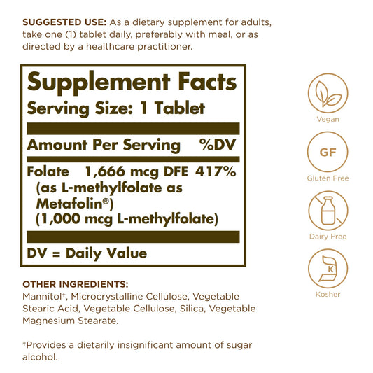 Solgar Folate 1000 mcg bottle – back label with supplement facts