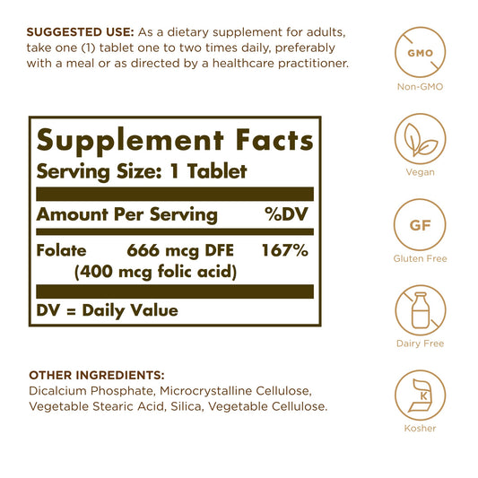 Solgar Folate 666 mcg DFE bottle – label close-up