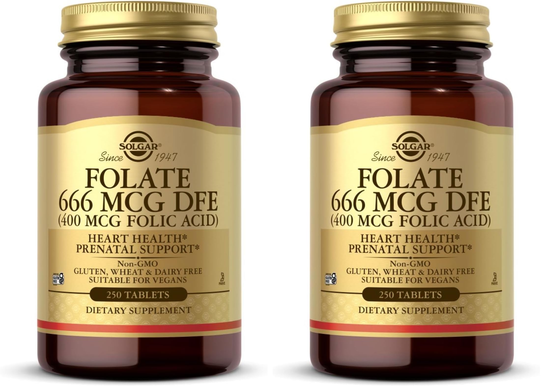 Solgar Folate 666 mcg DFE bottle and label — 250 tablets per pack (Pack of 2)