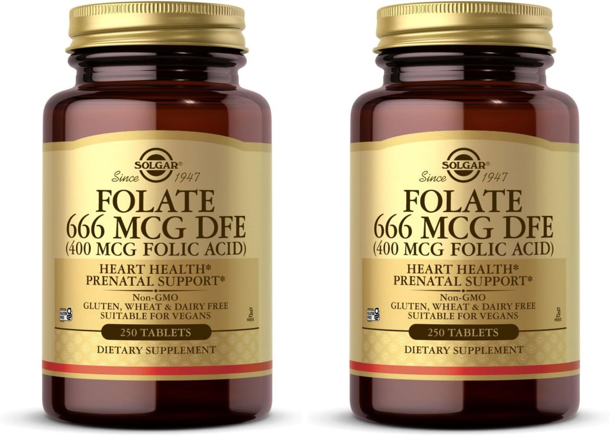 Solgar Folate 666 mcg DFE bottle and label — 250 tablets per pack (Pack of 2)