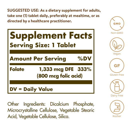Solgar Folate 800 mcg Bio-Active Metafolin close-up label
