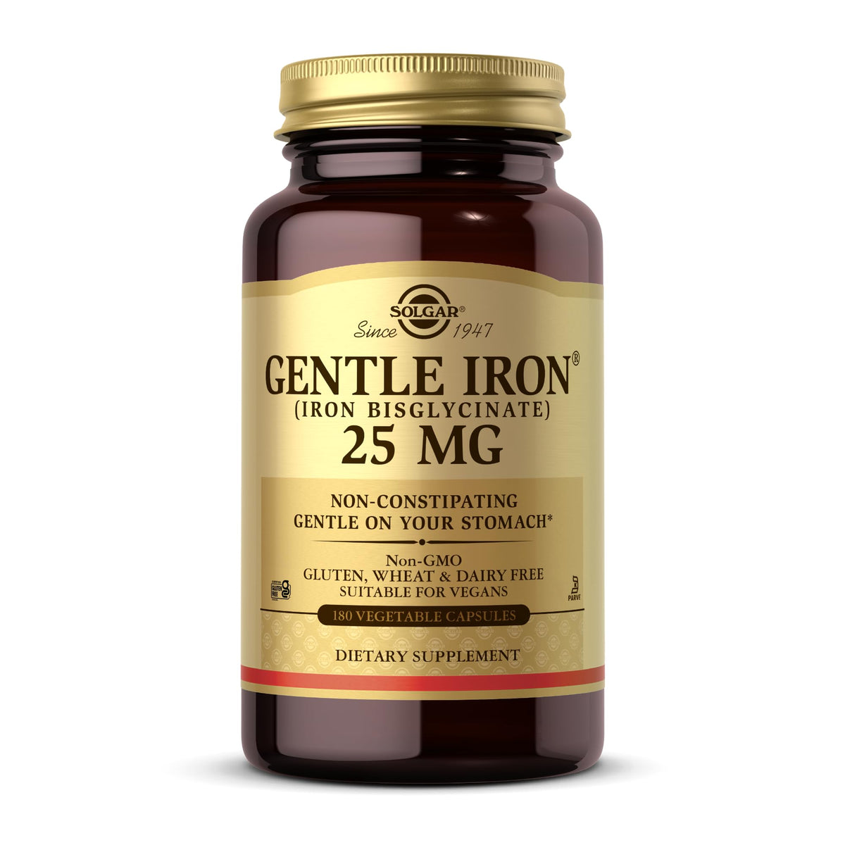 Solgar Gentle Iron 25 mg Iron Bisglycinate bottle label
