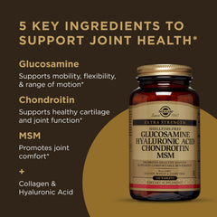 Solgar ingredients panel close-up emphasizes hyaluronic acid and MSM synergy for joints.