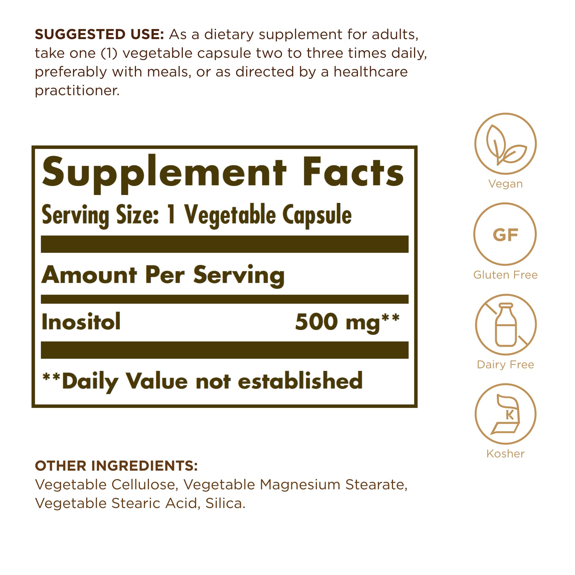 Close-up of Solgar Inositol 500 mg bottle