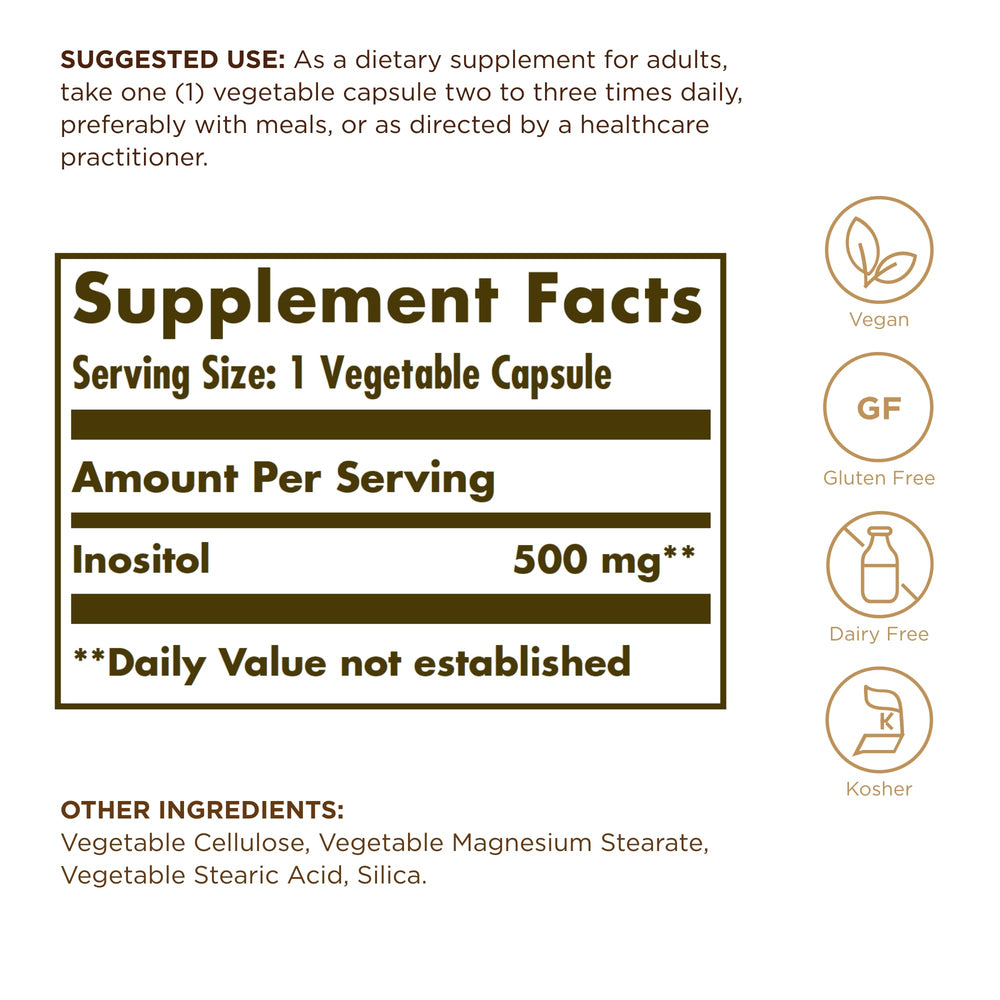 Close-up of Solgar Inositol 500 mg bottle