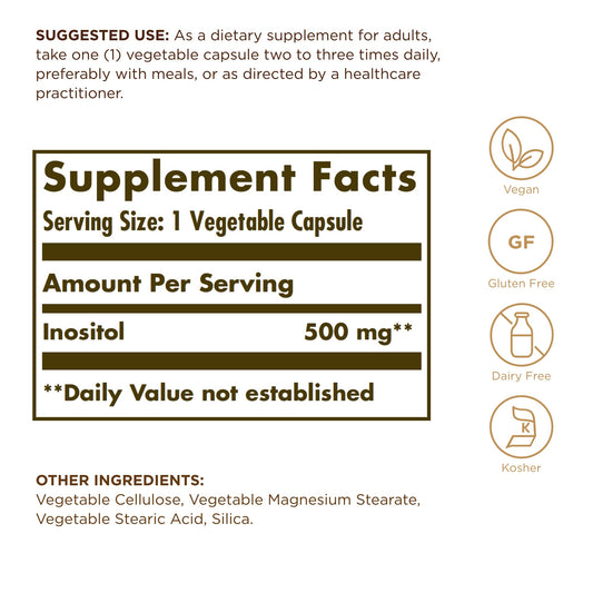 Close-up of Solgar Inositol 500 mg bottle
