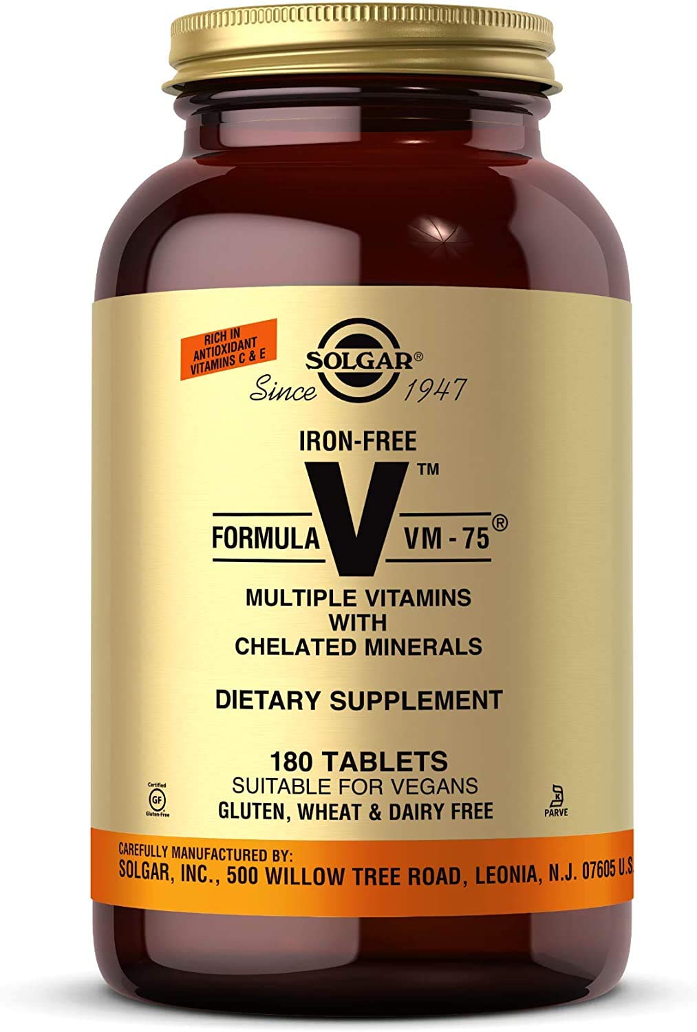 Solgar Iron-Free VM-75 bottle shown for daily mineral and vitamin support