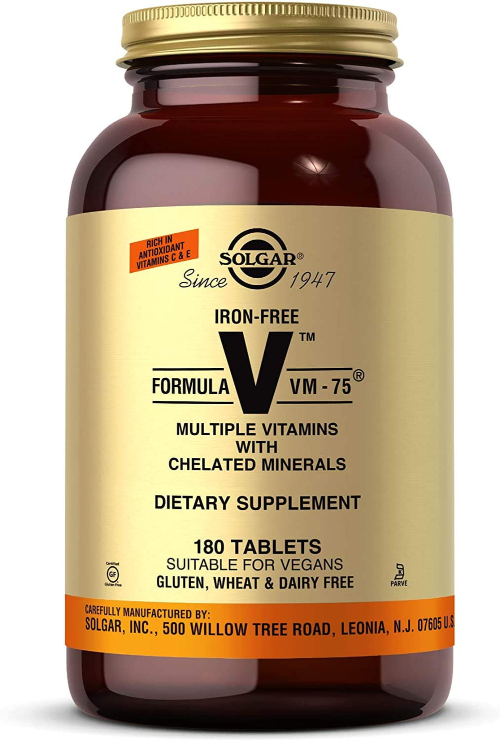 Solgar Iron-Free VM-75 bottle shown for daily mineral and vitamin support