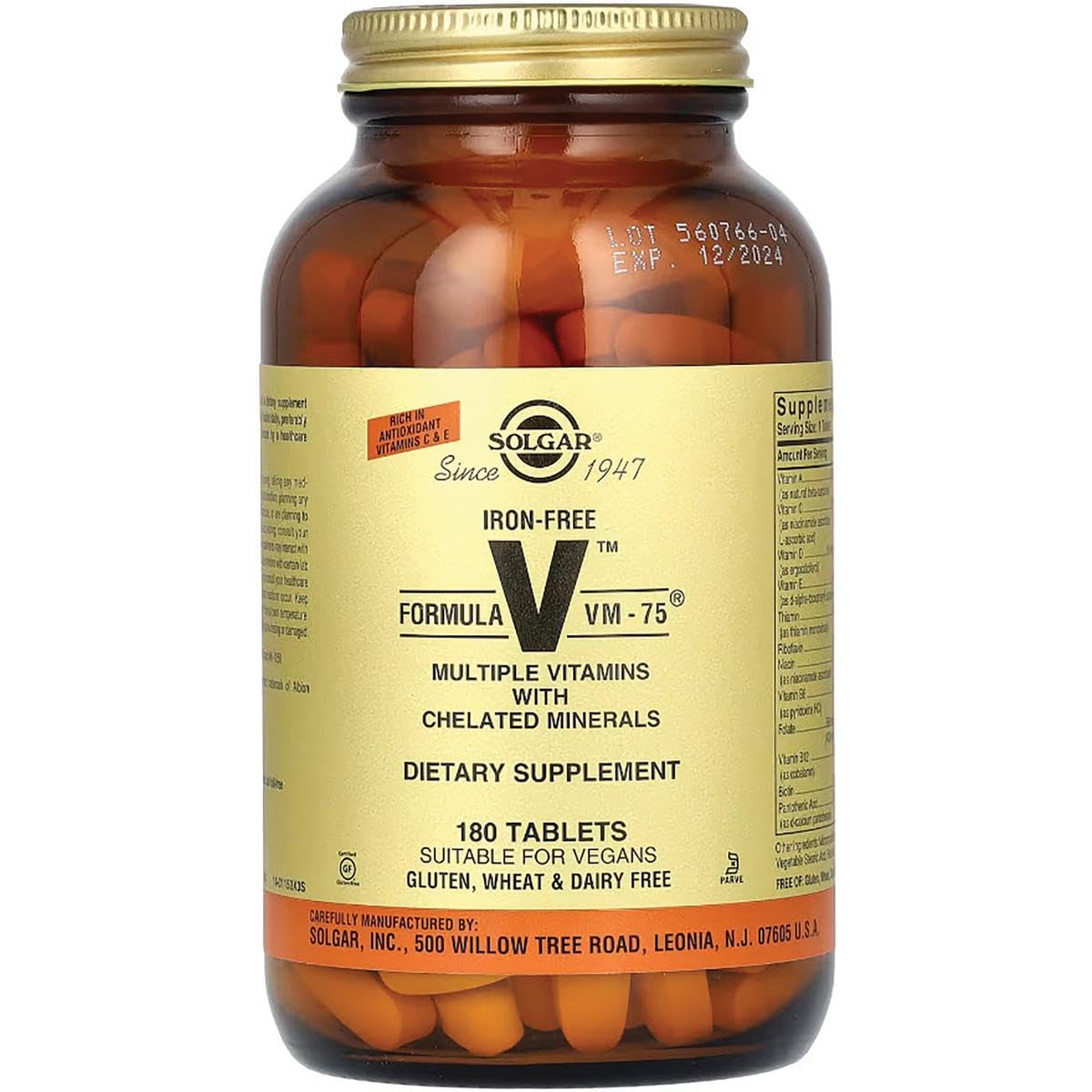 Solgar Iron-Free VM-75 vegan and kosher label on packaging