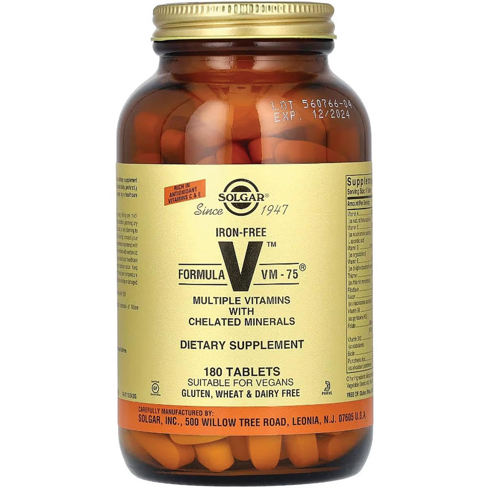 Solgar Iron-Free VM-75 vegan and kosher label on packaging