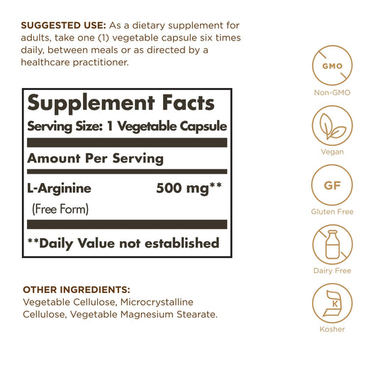 Close-up of L-Arginine 500 mg label
