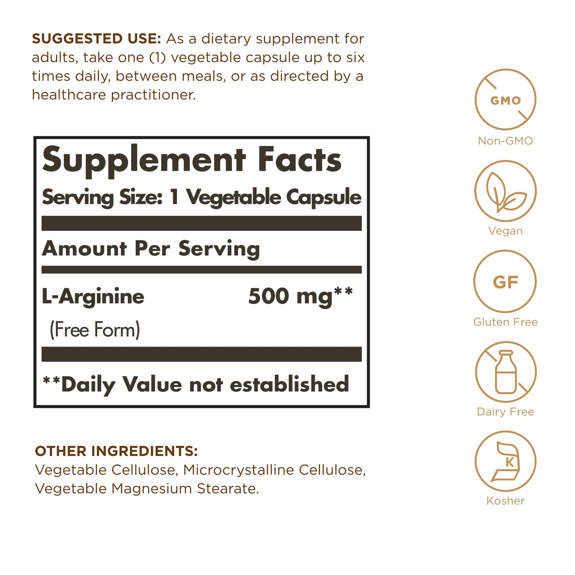 Close-up of Solgar L-Arginine 500 mg packaging