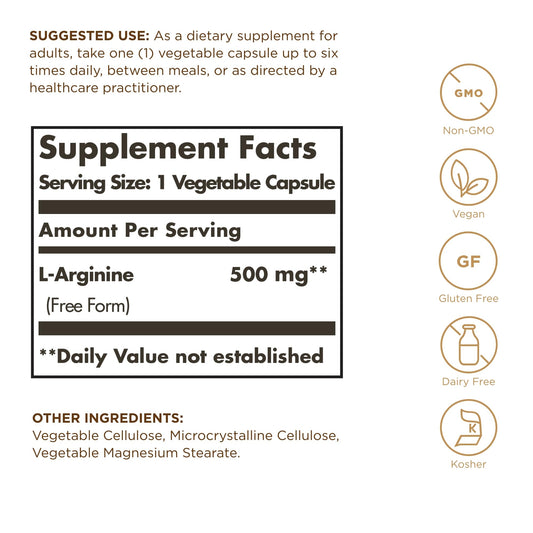 Close-up of Solgar L-Arginine 500 mg packaging