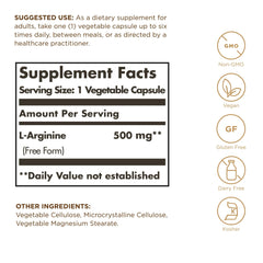 Close-up of Solgar L-Arginine 500 mg packaging