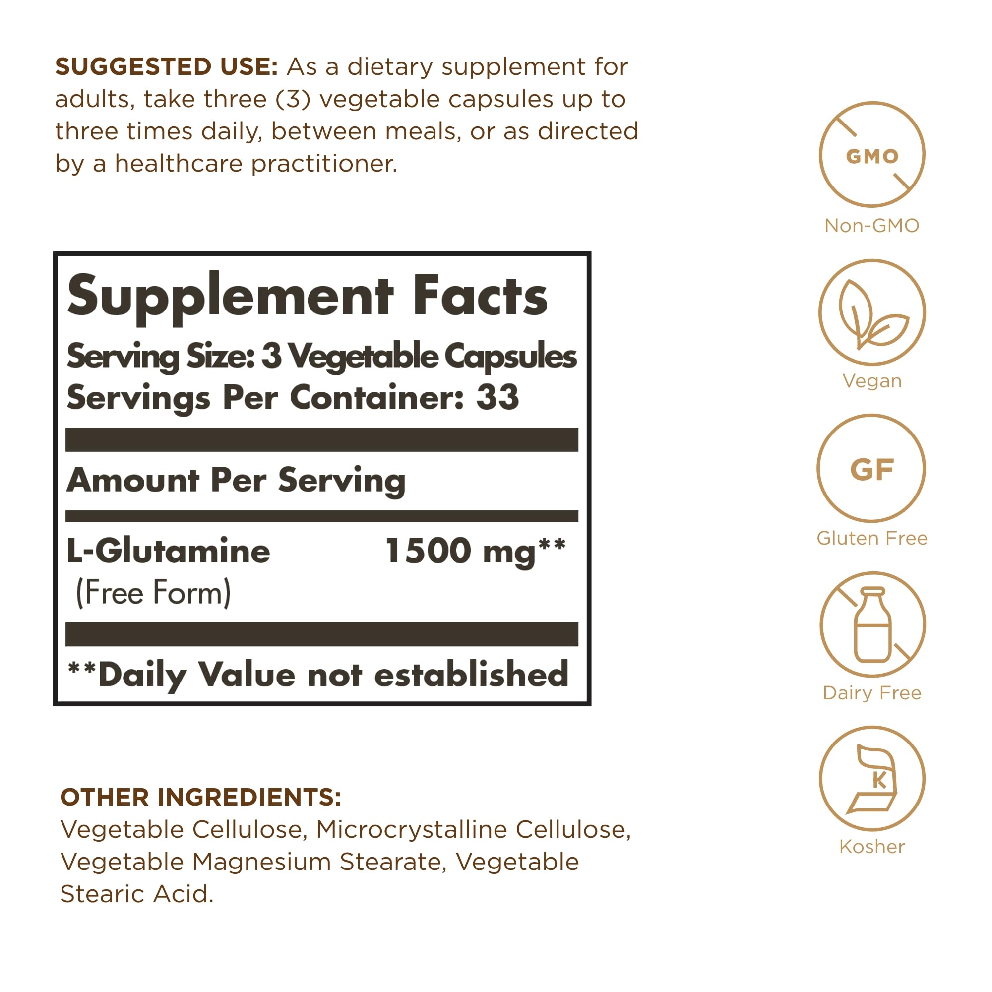 Back of Solgar L-Glutamine bottle showing supplement facts