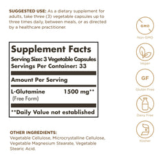 Back of Solgar L-Glutamine bottle showing supplement facts
