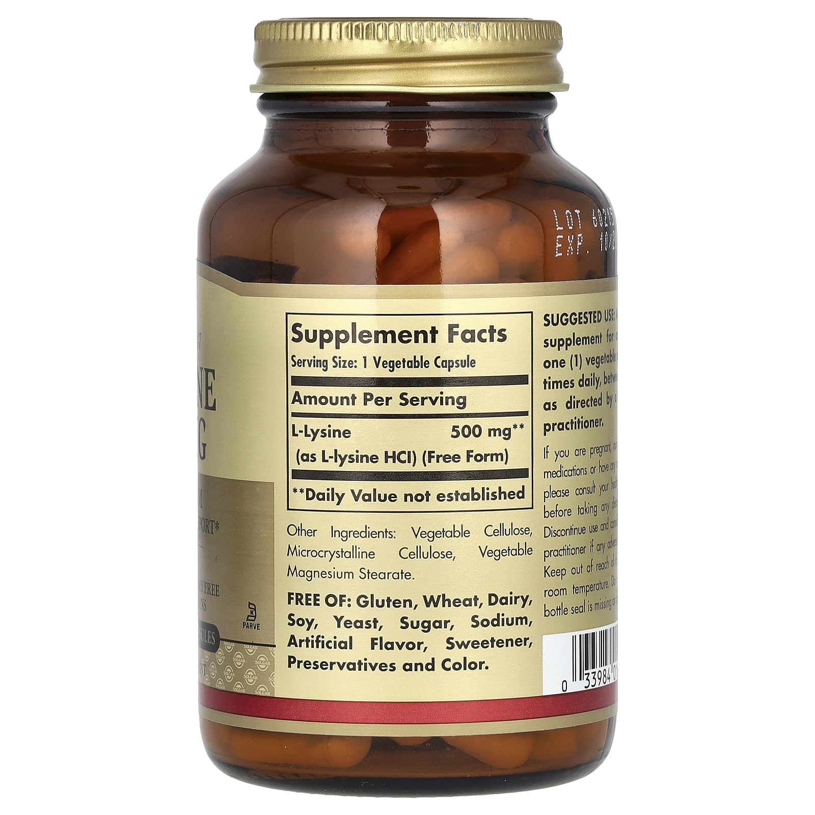 Solgar L-Lysine 500 mg ingredients panel