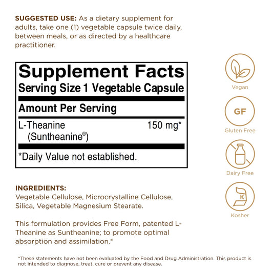 Close-up of Solgar L-Theanine 150 mg capsules