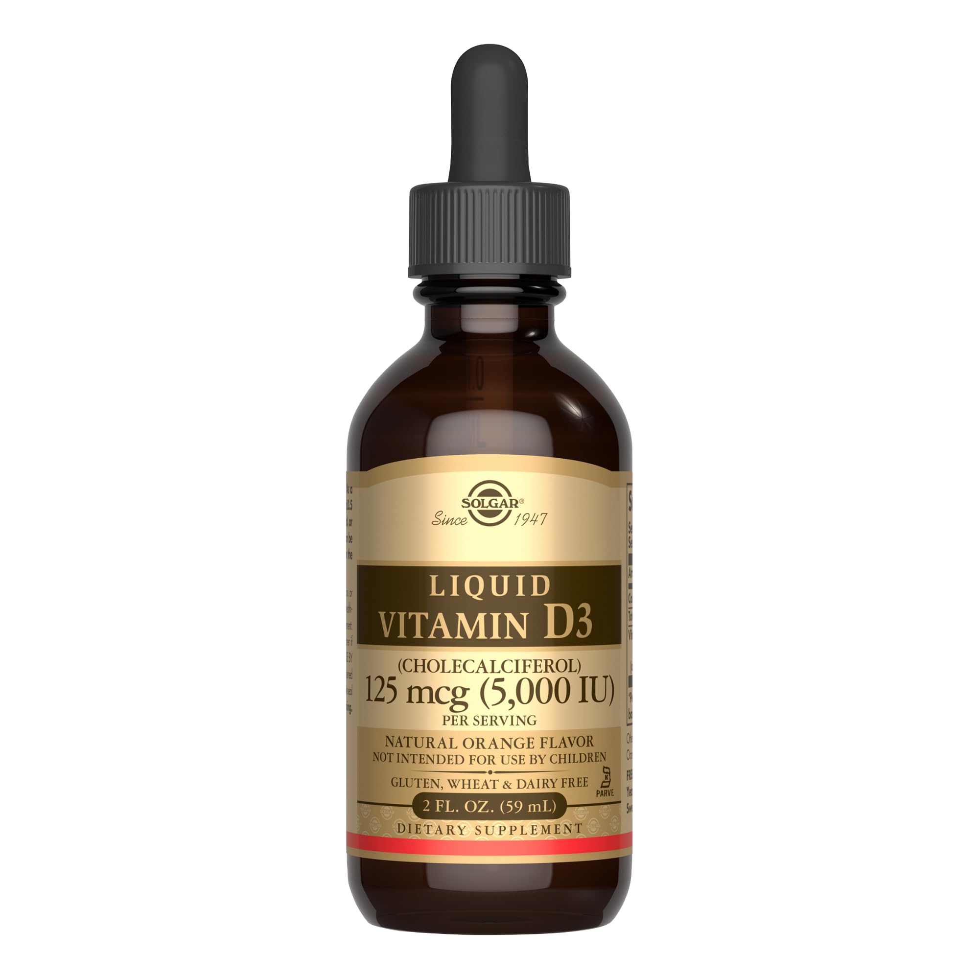 Solgar Liquid Vitamin D3 bottle label with orange flavor