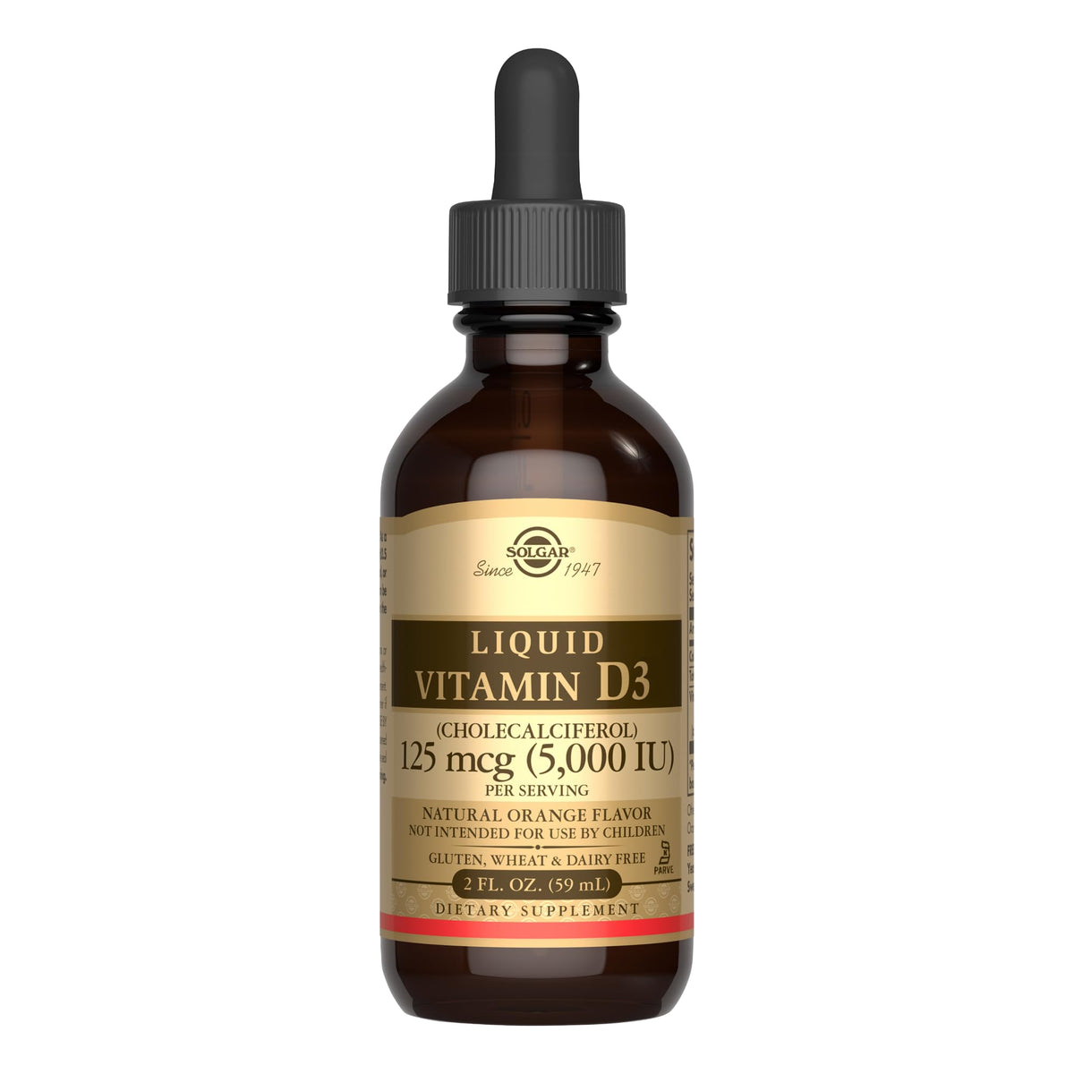 Solgar Liquid Vitamin D3 bottle label with orange flavor