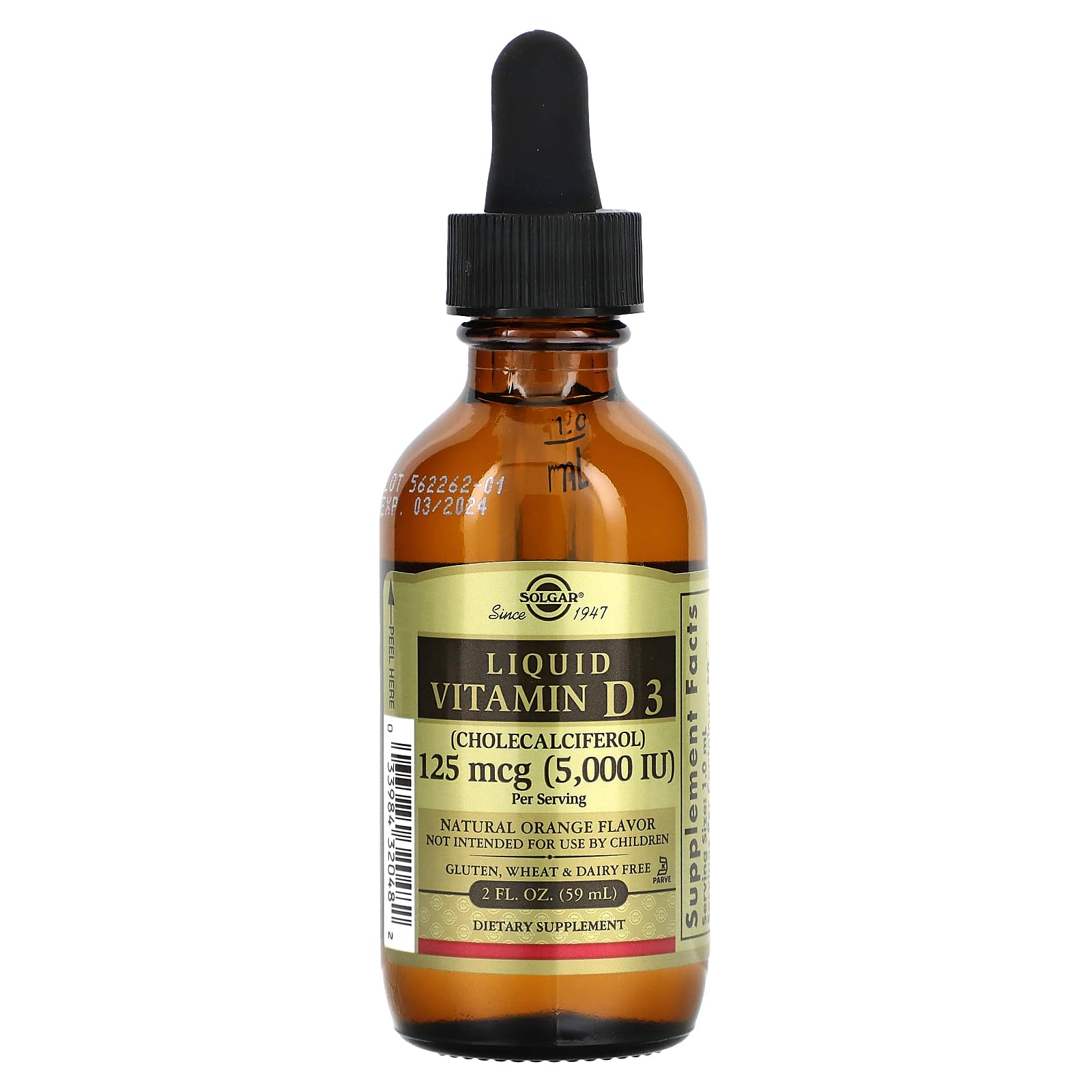 Solgar Liquid Vitamin D3 orange flavor bottle, 2 fl oz