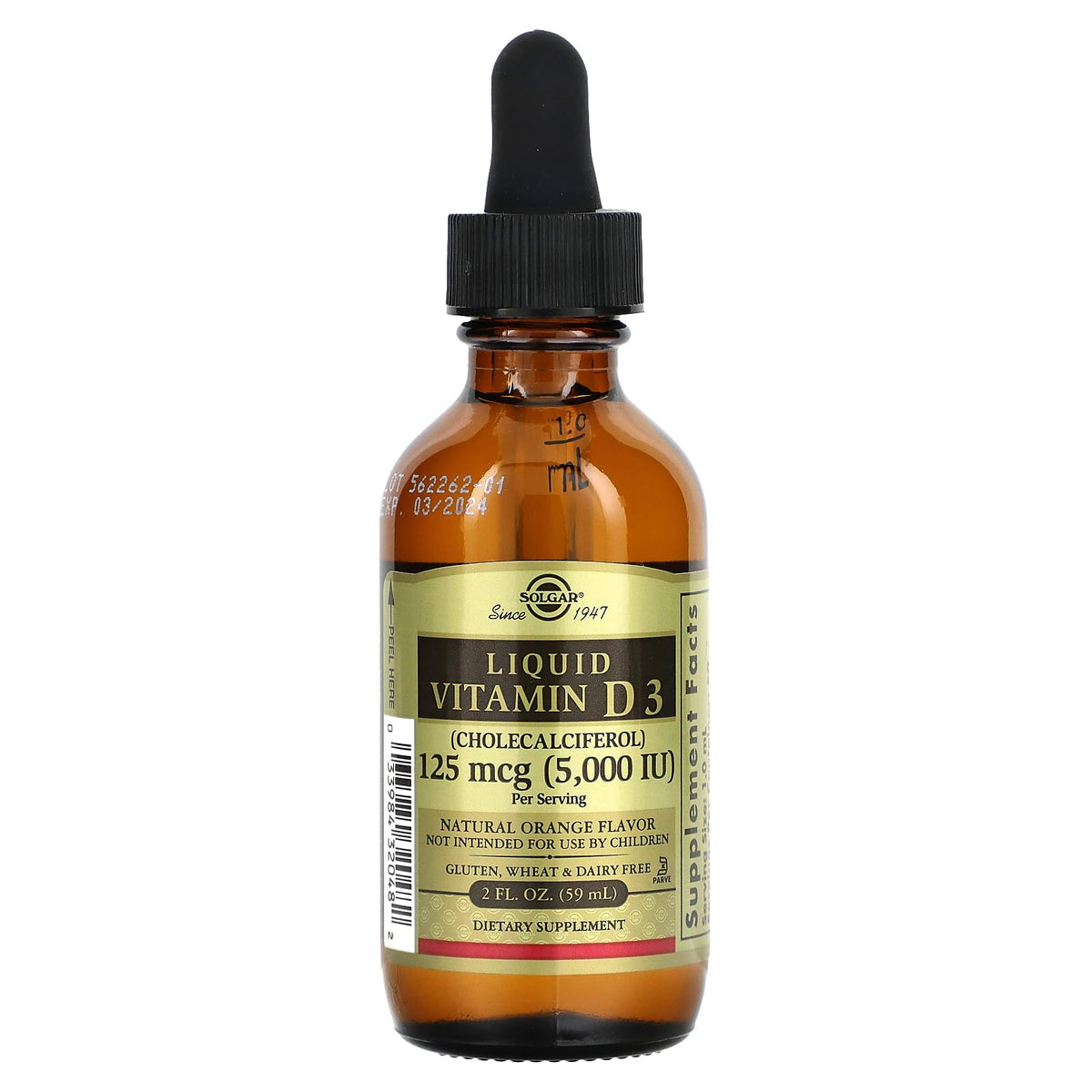 Solgar Liquid Vitamin D3 orange flavor bottle, 2 fl oz