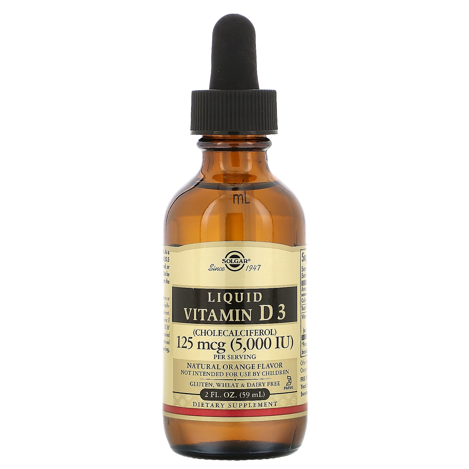 Close-up of orange Vitamin D3 liquid in the bottle