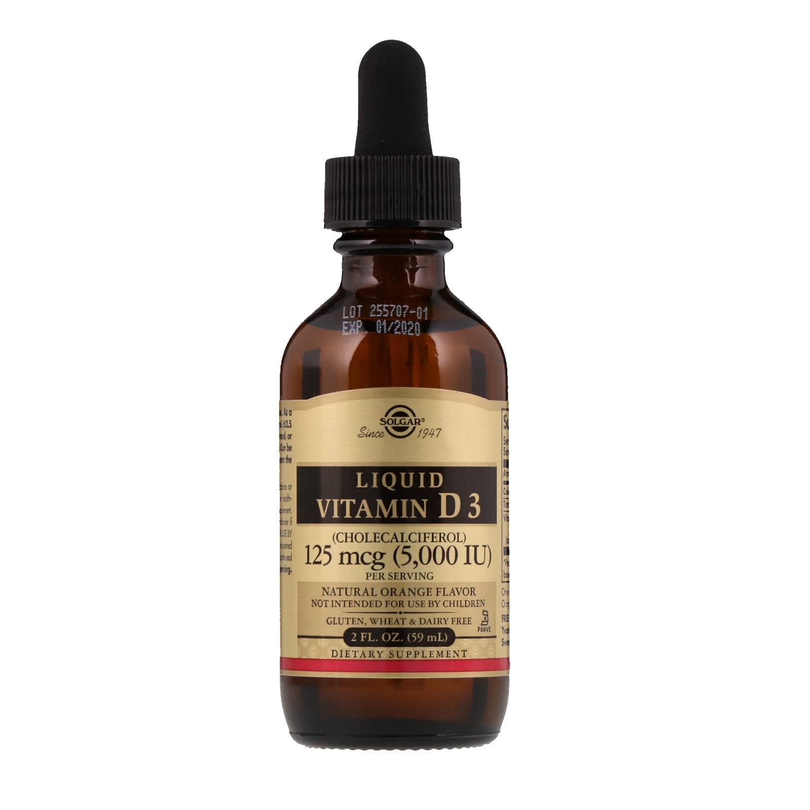 Solgar Liquid Vitamin D3 packaging showing gluten-free, dairy-free, kosher notes