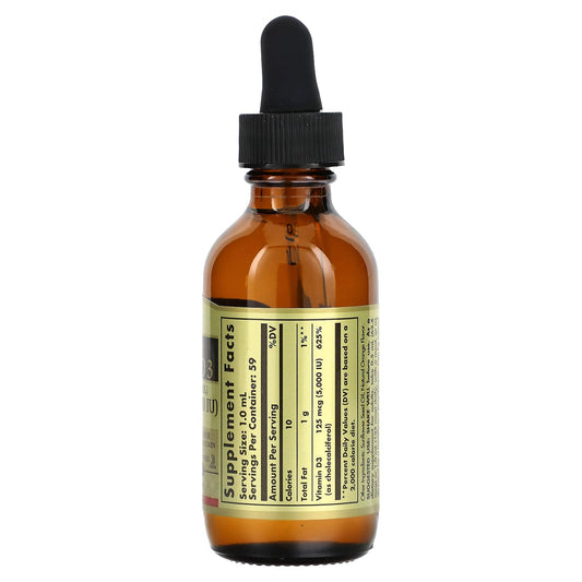 Close-up of Solgar Liquid Vitamin D3 orange flavor bottle