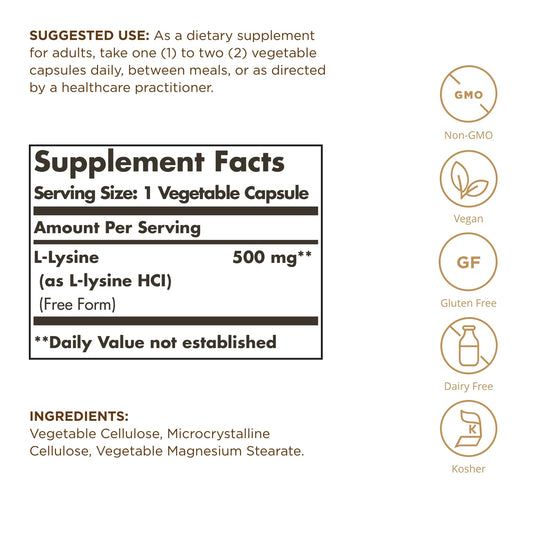 Close-up of Solgar L-Lysine 500 mg vegetable capsules