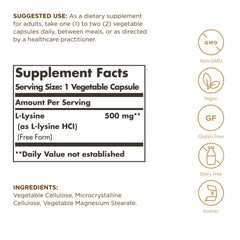 Close-up of Solgar L-Lysine 500 mg vegetable capsules