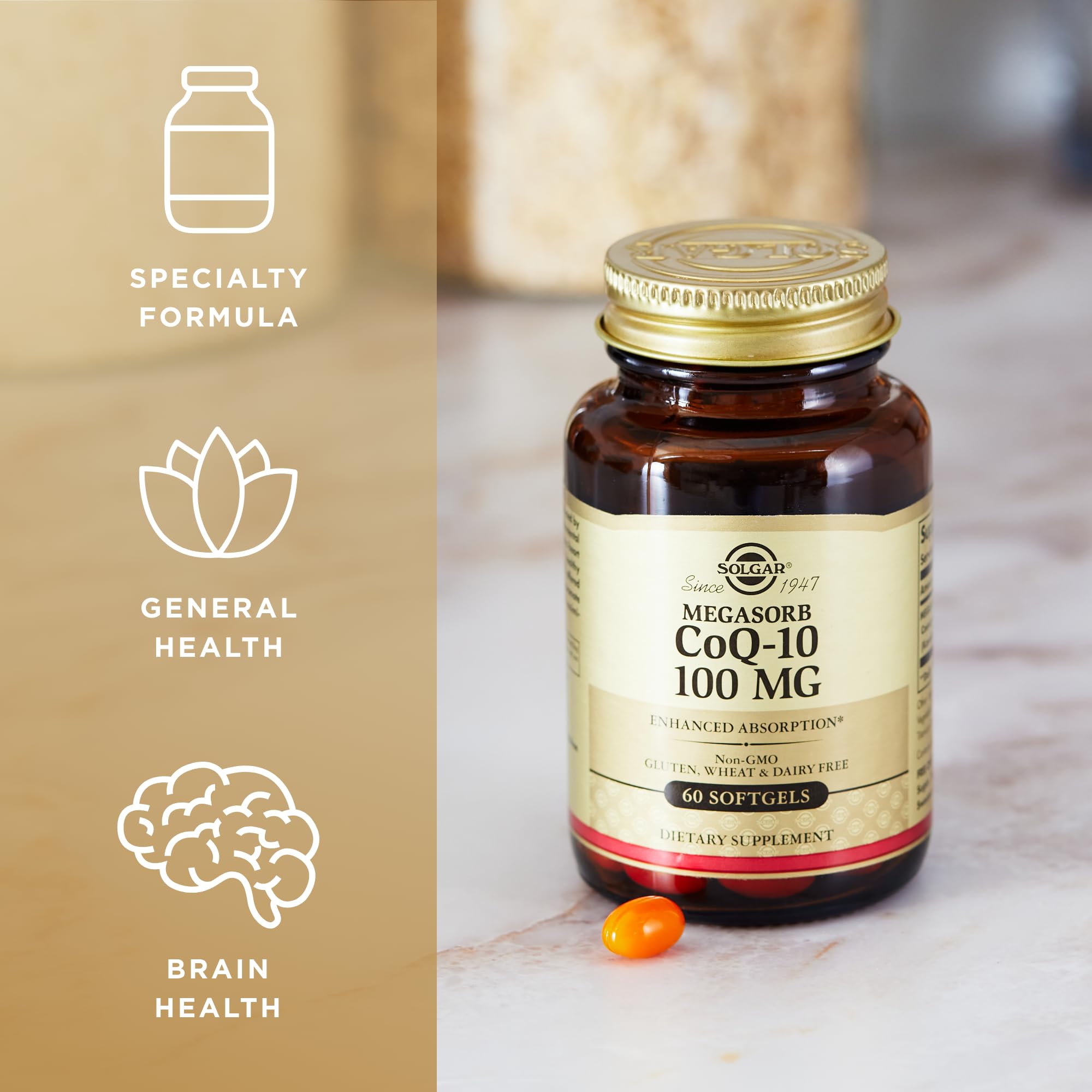 Front view of Solgar Megasorb CoQ-10 100 mg softgels label