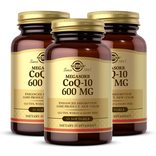 Solgar Megasorb CoQ-10 600 mg bottle with 30 softgels (Pack of 3) label