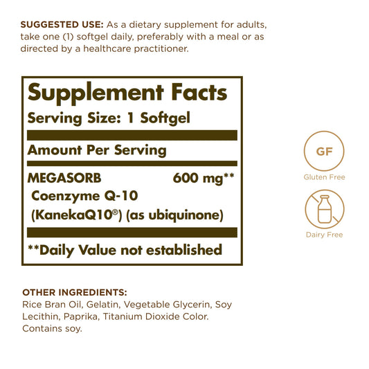 Close-up of Solgar Megasorb CoQ-10 600 mg softgels