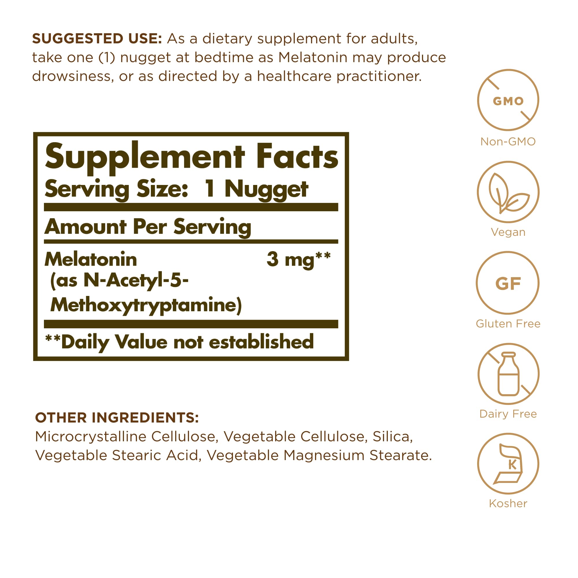 Close-up of Solgar Melatonin 3 mg bottle label