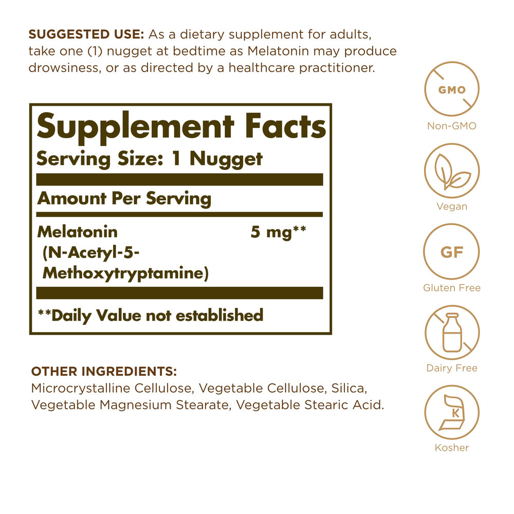 Close-up of Solgar Melatonin 5 mg label