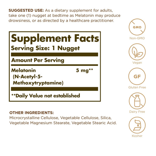 Close-up of Solgar Melatonin 5 mg label