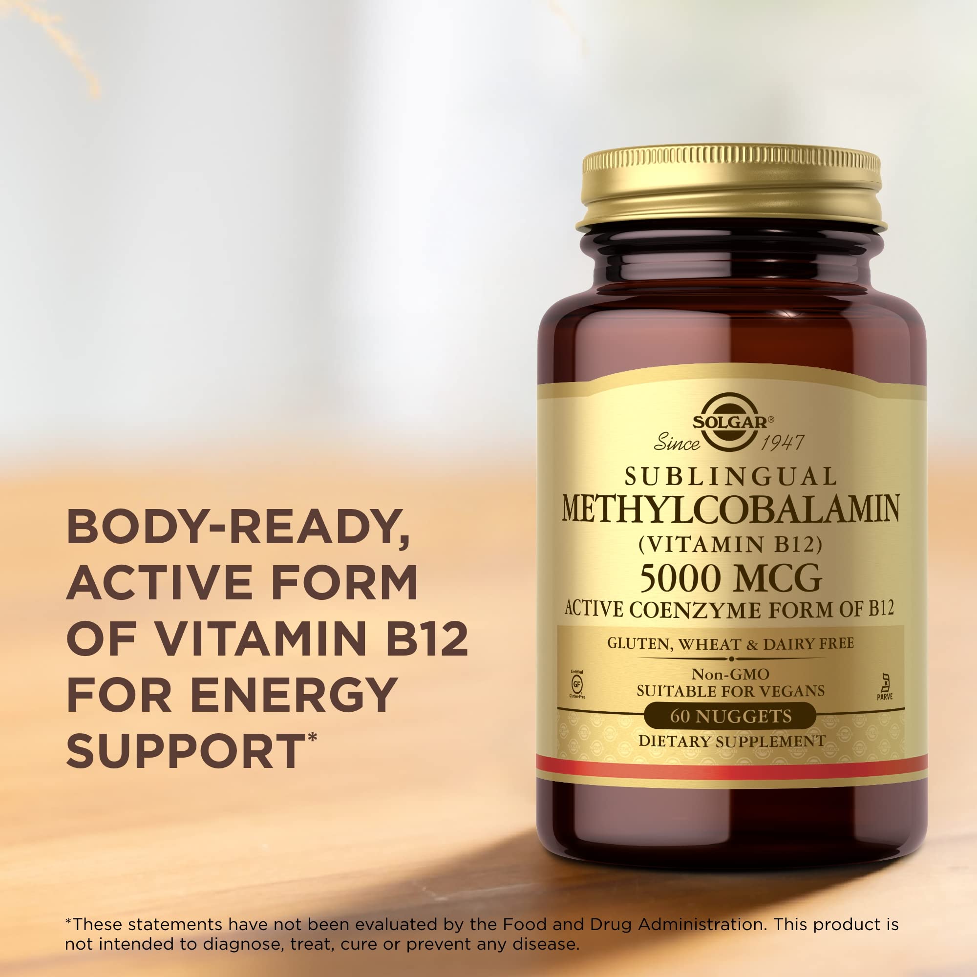 Non-GMO, gluten-free, dairy-free labeling on Solgar B12 nuggets