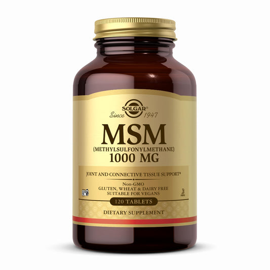 Solgar MSM 1000 mg bottle with 120 tablets on white background