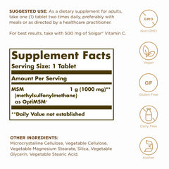 Close-up view of Solgar MSM 1000 mg tablets