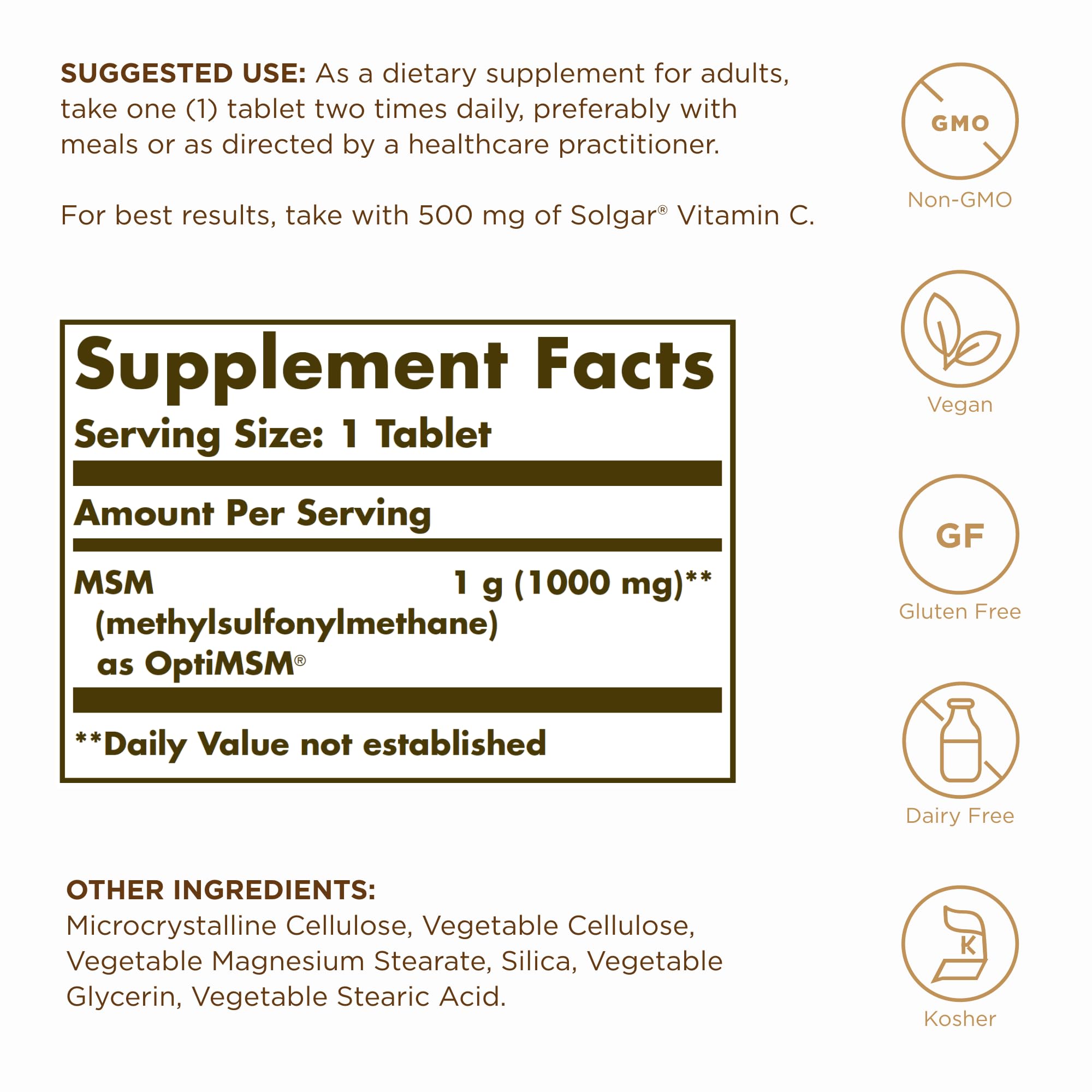 Close-up of Solgar MSM 1000 mg tablets