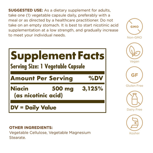 Close-up of Solgar Niacin 500 mg bottle