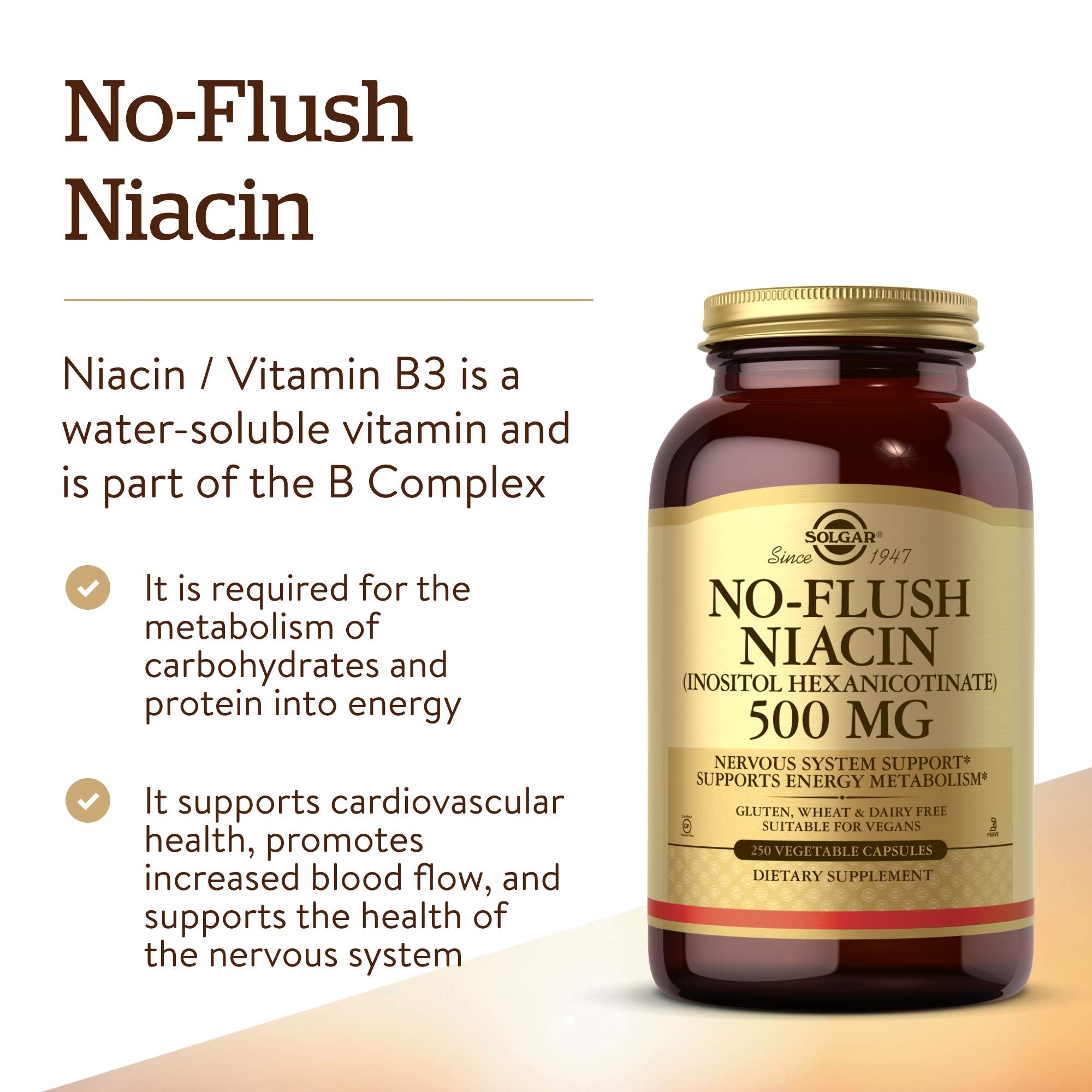 Solgar No-Flush Niacin 500 mg capsules close-up