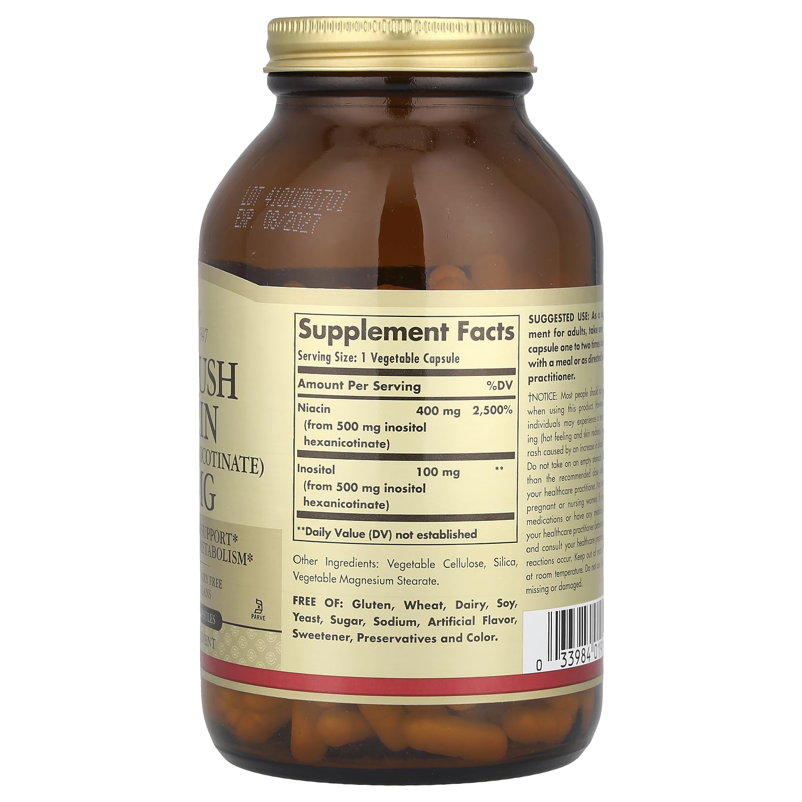 Close-up of Solgar Niacin 500 mg label