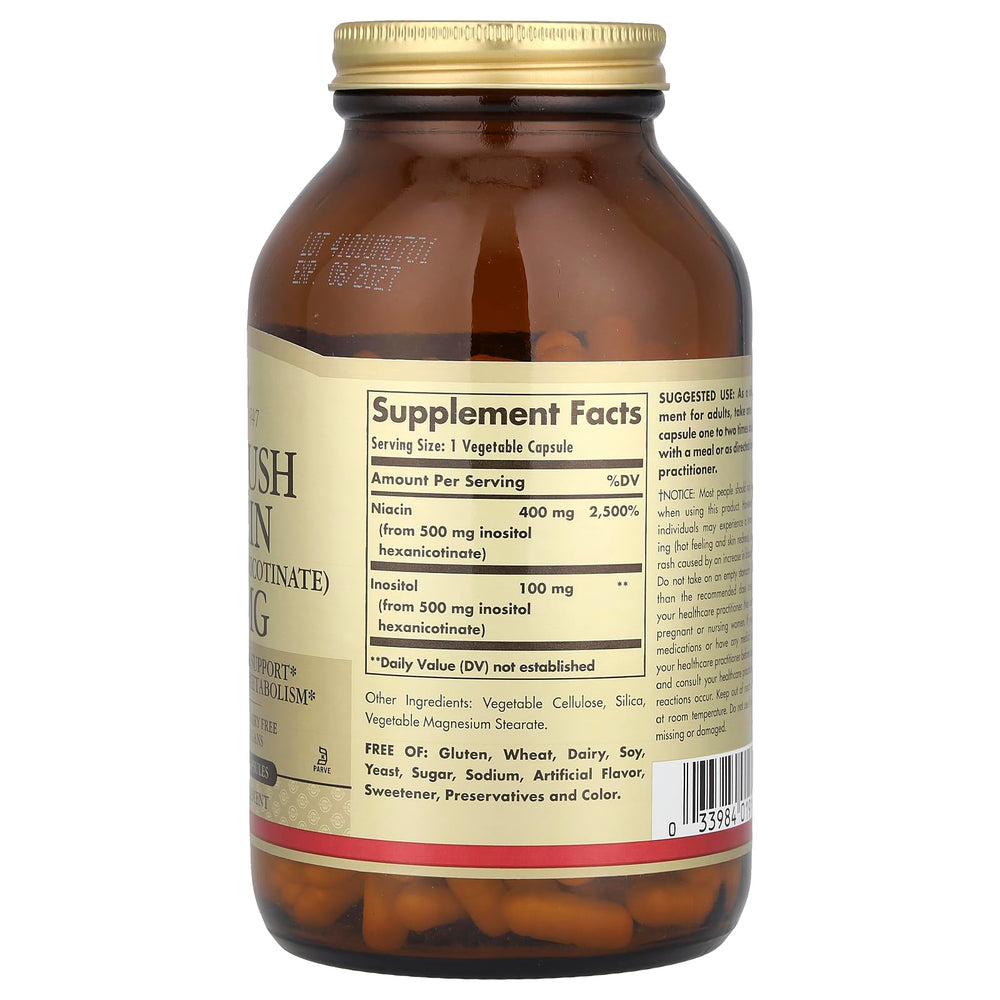 Close-up of Solgar Niacin 500 mg label
