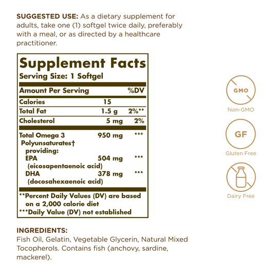 Close-up of Solgar Omega-3 950 mg label showing EPA and DHA
