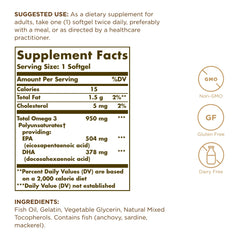 Close-up of Solgar Omega-3 950 mg label showing EPA and DHA