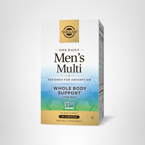 Graphic illustrating immune, energy, heart and muscle health benefits of Solgar One Daily Men's Multi