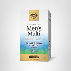 Graphic illustrating immune, energy, heart and muscle health benefits of Solgar One Daily Men's Multi
