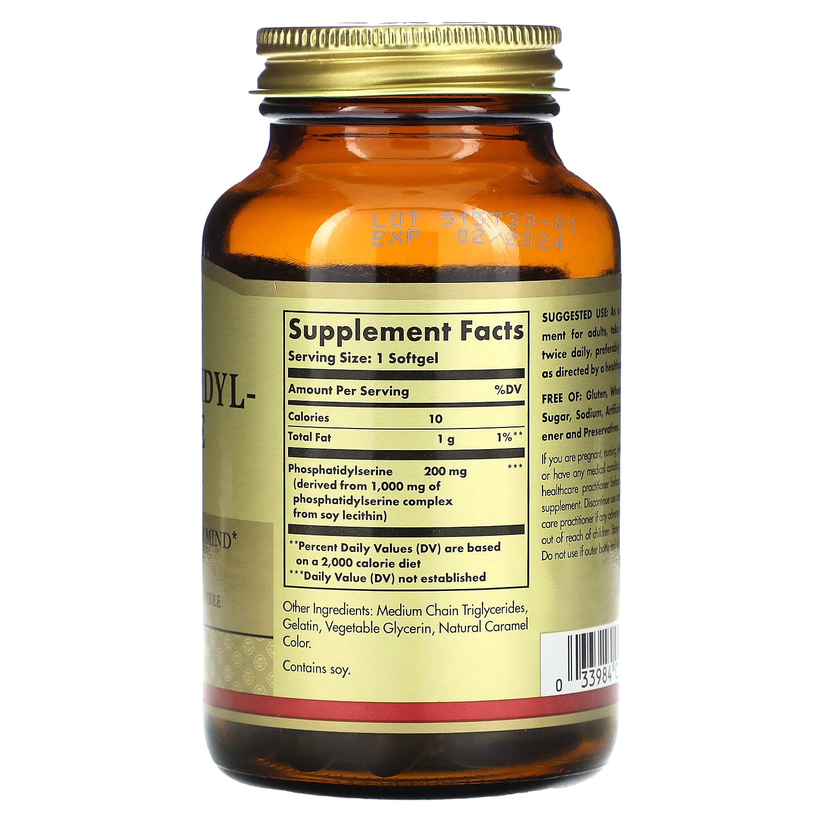 Solgar phosphatidylserine 200 mg label emphasizes gluten-free and dairy-free formula.